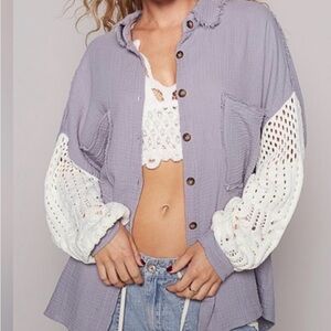POL NWOT light Purple/periwinkle  Button-Down Shirt w White Crochet Sleeves